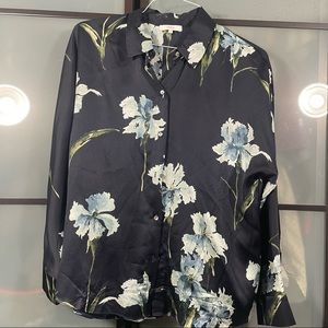Vince navy button down floral silk blouse. Size M